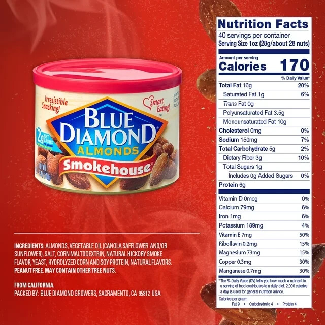 6 Pack Blue Diamond Almonds Smokehouse GMO-Free Organic Vitamin E Size 6 oz 6-pk