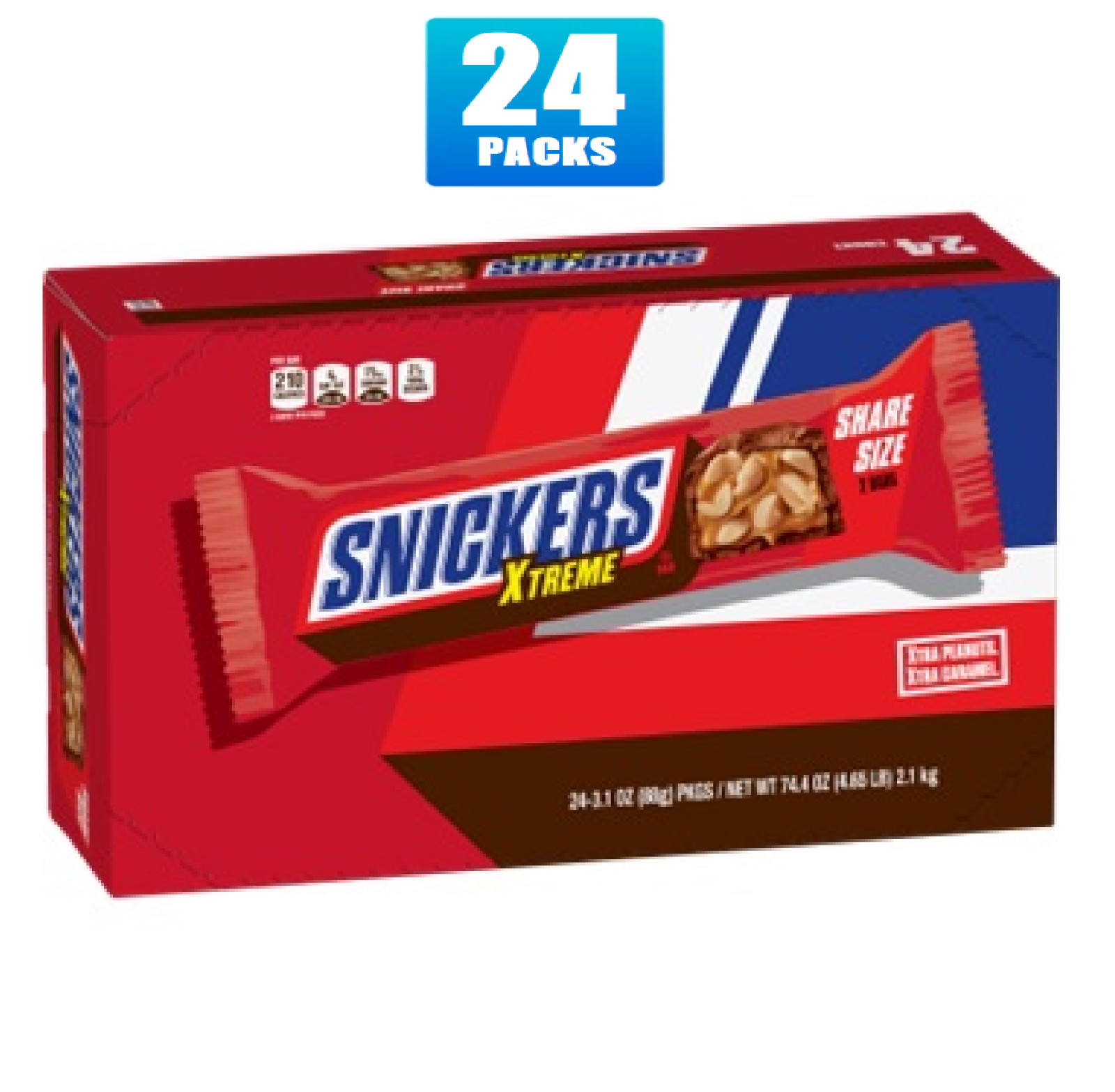 24x Packs SNICKERS Xtreme Sharing Size Chocolate Candy Bars – 3.1oz Each