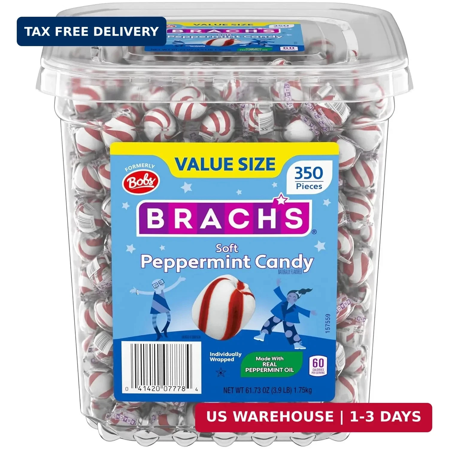 Brach’s Bobs Sweet Stripes Soft Peppermint Candy, Wrapped Pieces, 3.9 lb