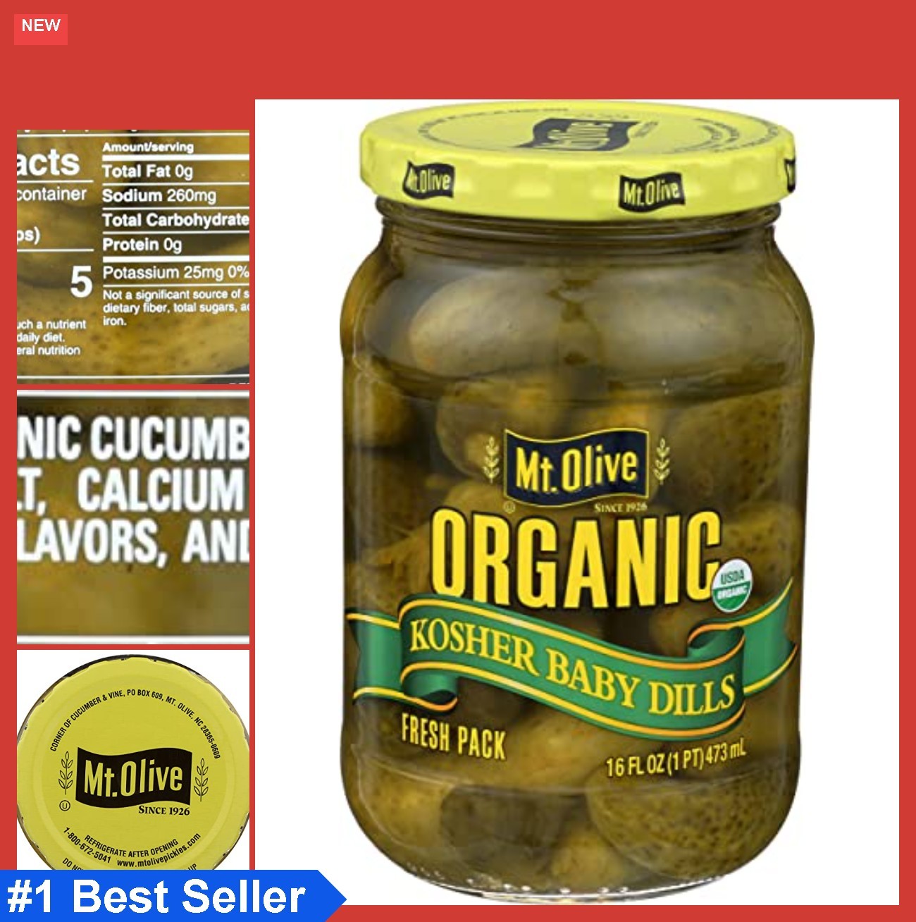 Organic Baby Dill Pickles 16oz Jar Gluten Free Kosher Vegan Whole
