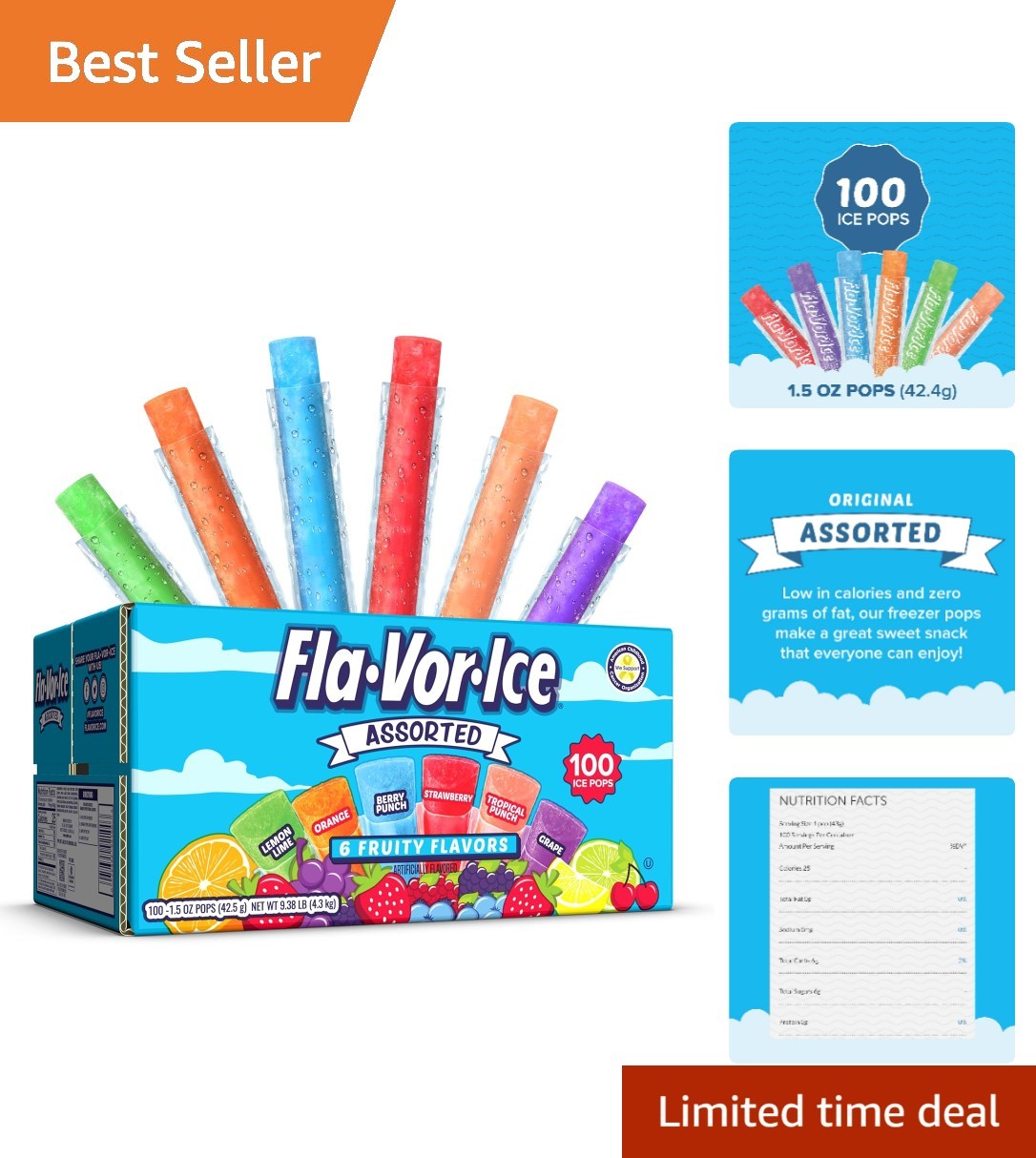 Popsicle Variety Pack of 1.5 Oz Freezer Bars, Assorted Flavors, 100 Count