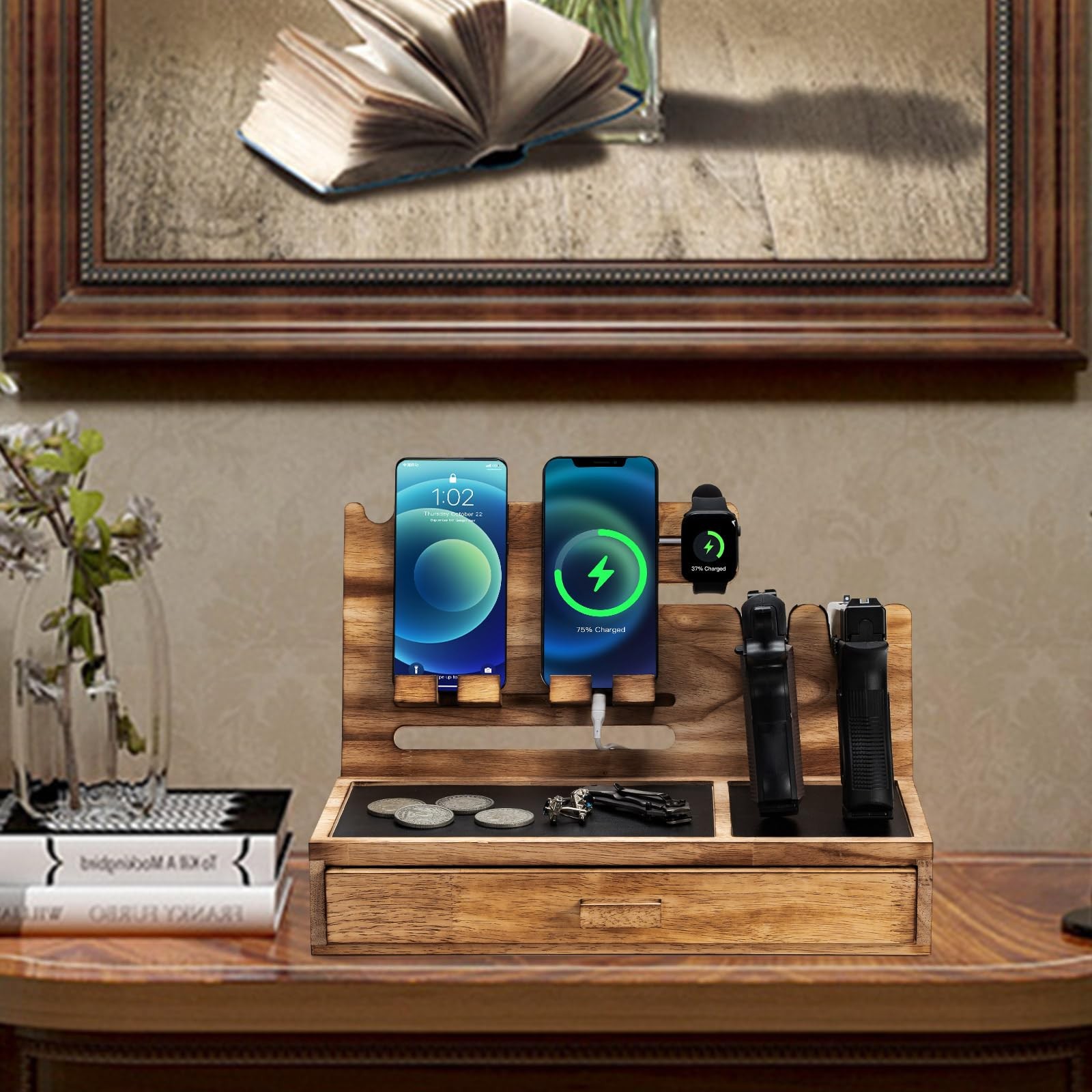 DGWJSU Wood Phone Docking Station & Pistol Rack, Nightstand Organizer, Men Gifts