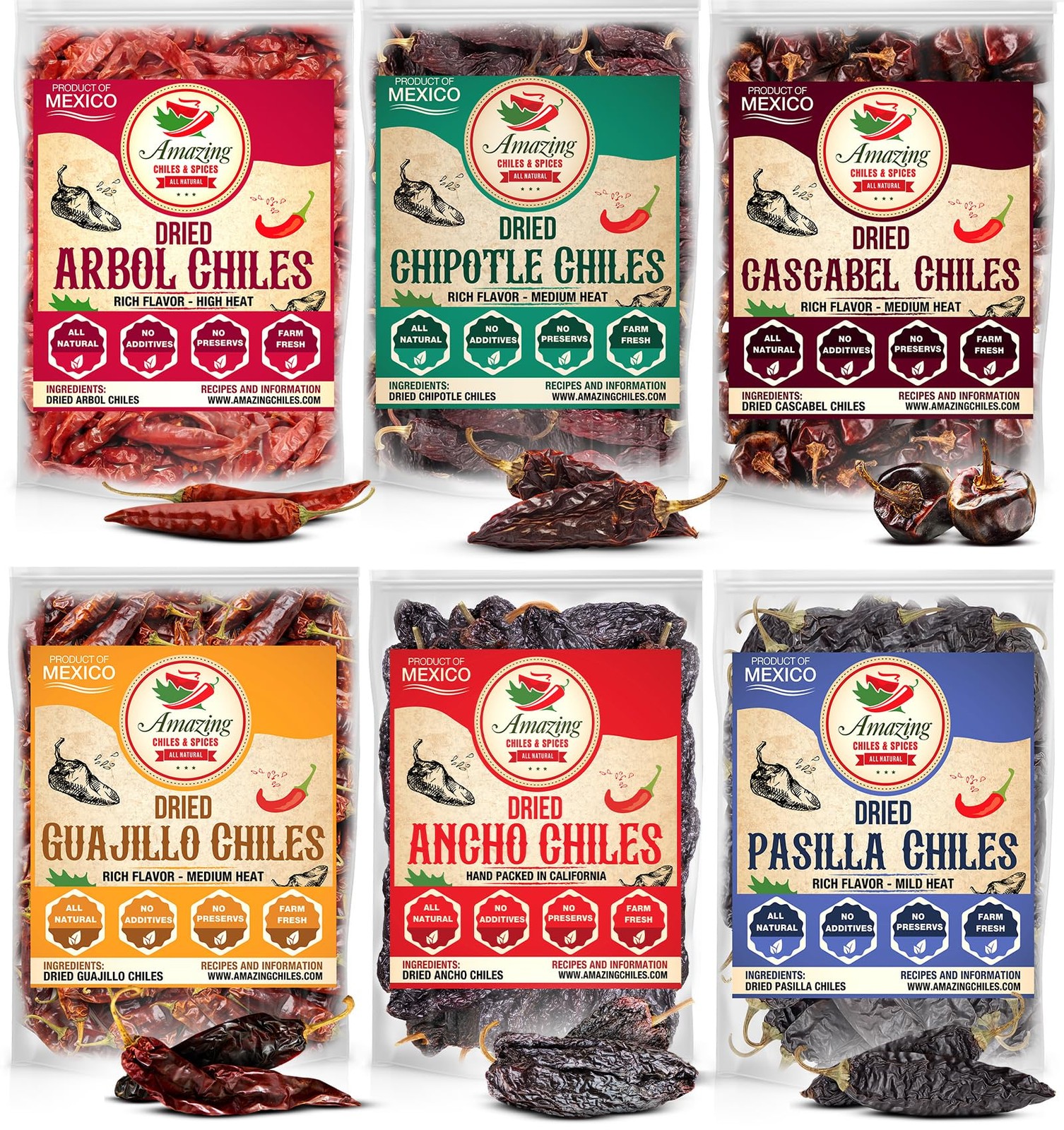 Dried Peppers 6 Pack Bundle – Ancho, Guajillo, Pasilla, 6 Count (Pack of 1)