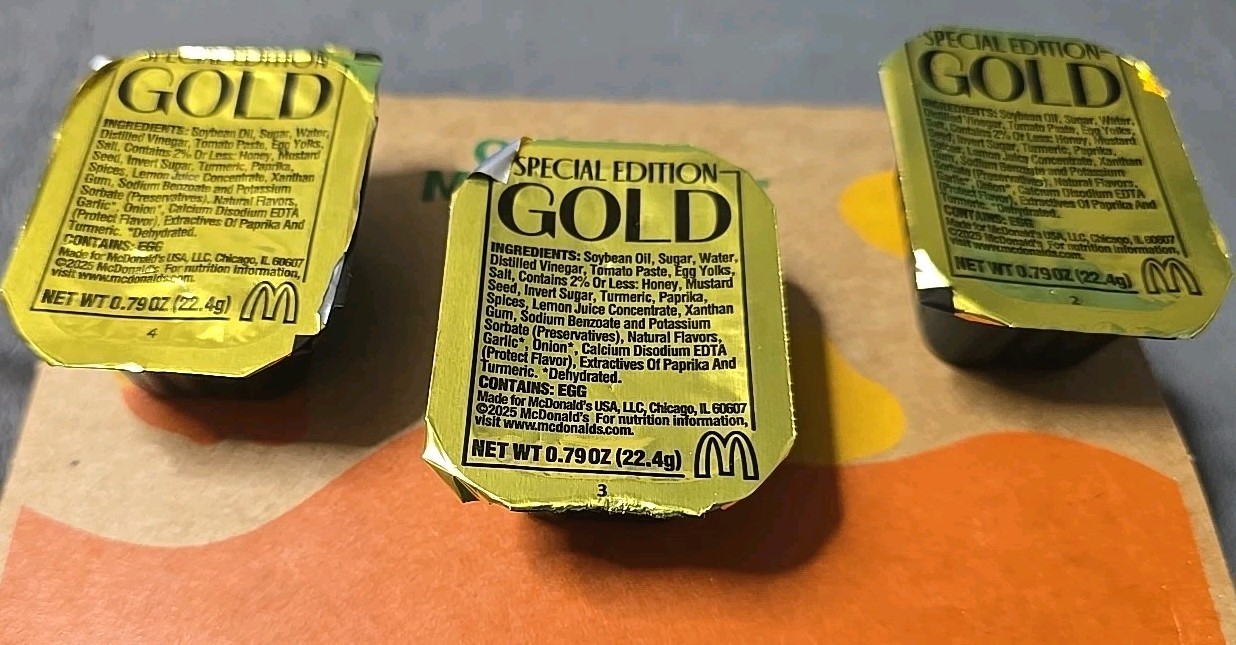 Lot(3) McDonald’s Special Edition Gold Sauce 2025 Limited Collectible New Sealed