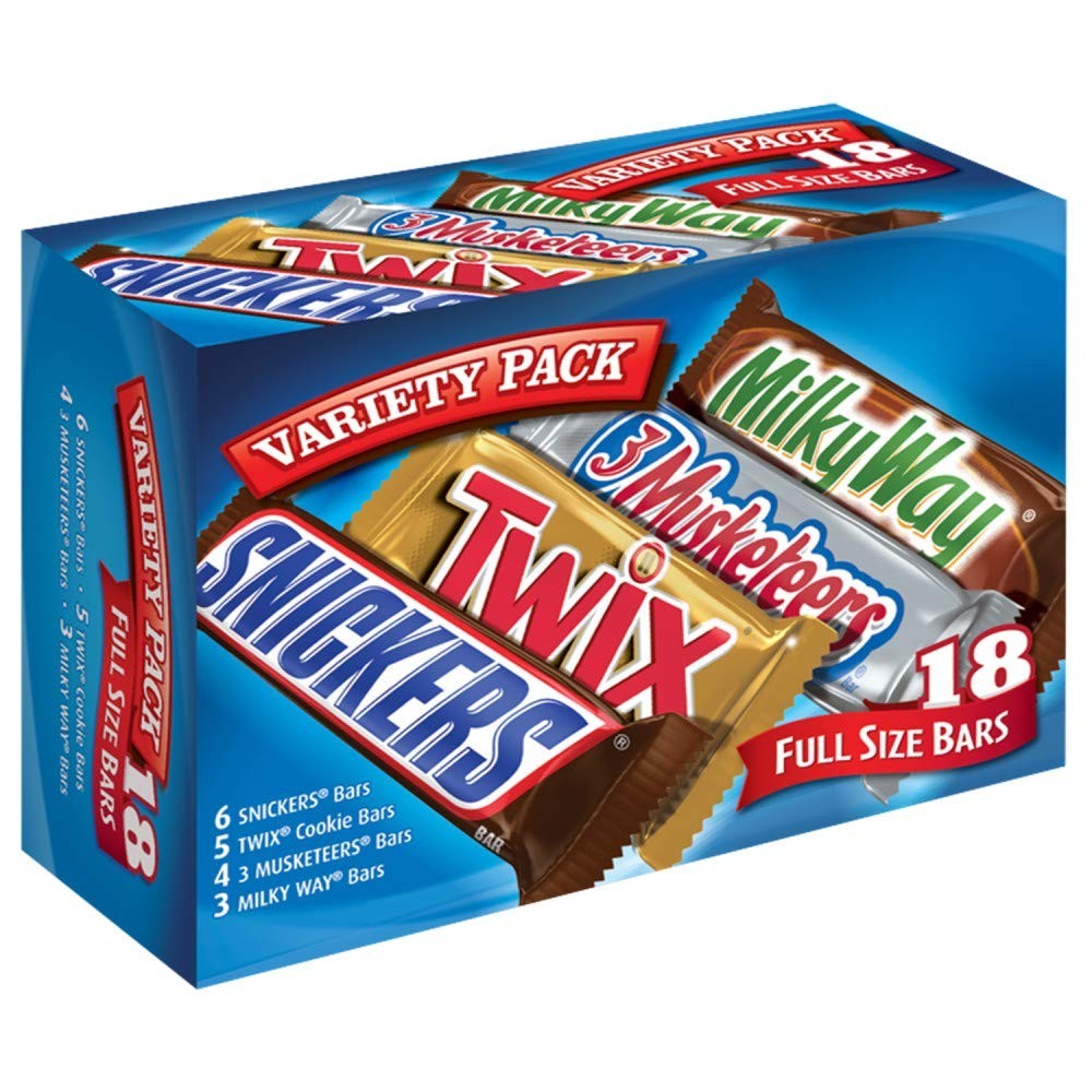 SNICKERS TWIX 3 MUSKETEERS MILKY WAY Full Size Candy Bars Variety Pack 18 Ct..