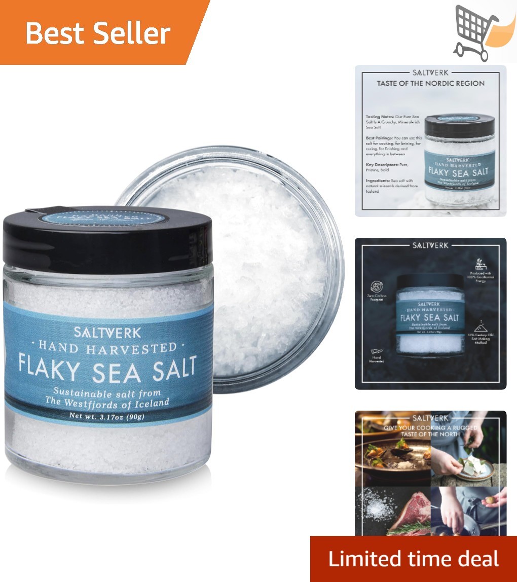 Flaky Sea Salt Gourmet Icelandic Hand Harvested 3.17 Oz Jar Culinary Seasoning