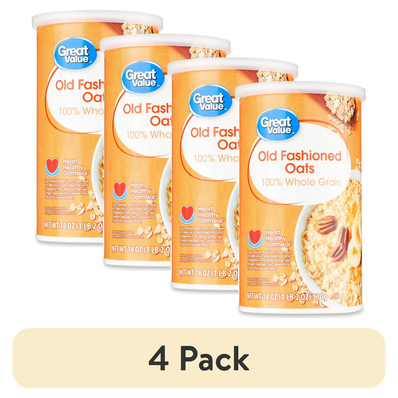 (4 pack) Great Value Instant Old Fashioned Oats, 18 oz Tube..