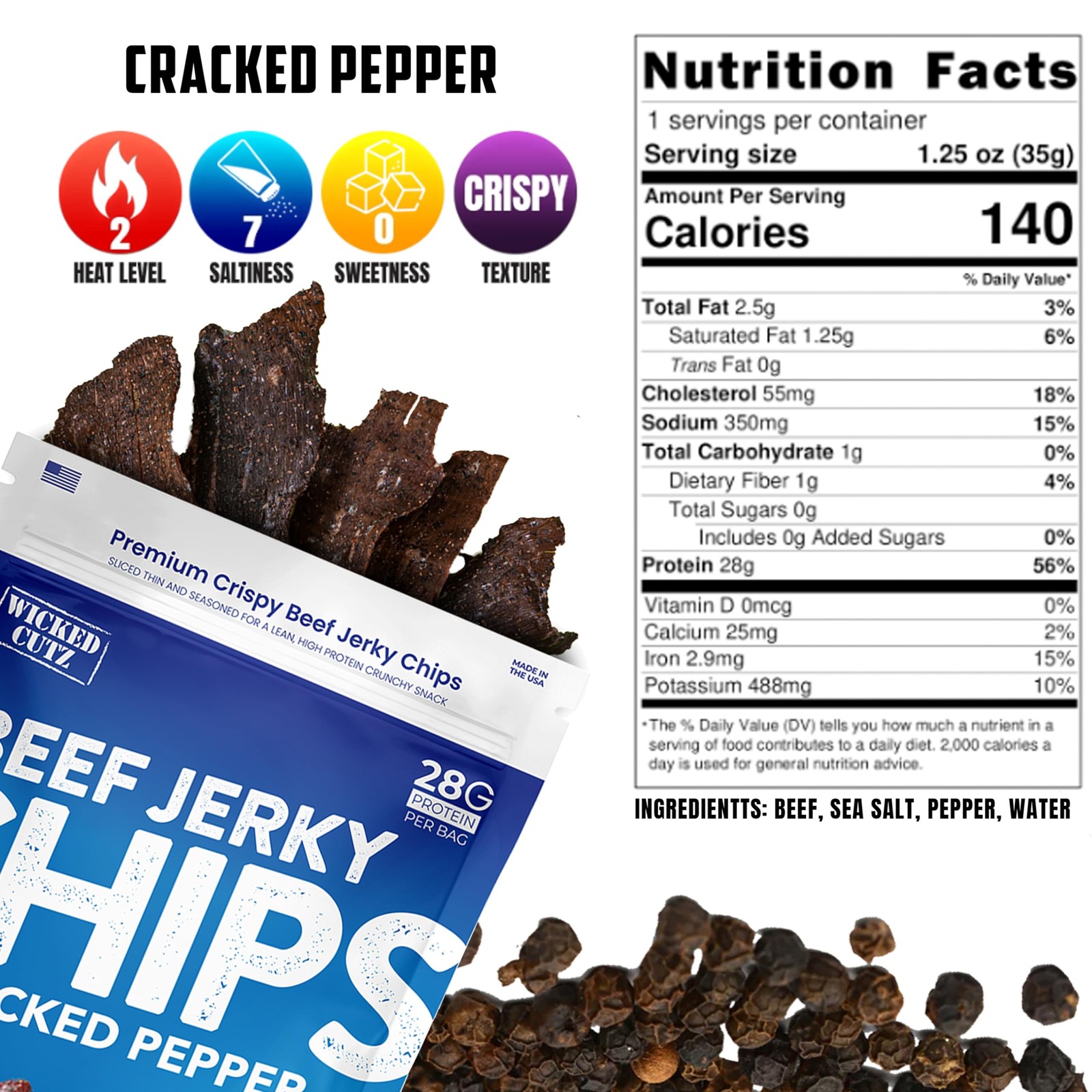 Cracked Pepper Beef Jerky Chips, 2 Bags | 28g Protein Per Bag, Only 4 Ingredi…