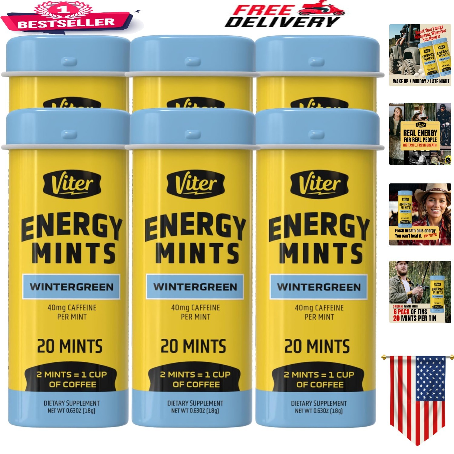 Sugar-Free Wintergreen Caffeinated Mints with B Vitamins – 120 Breath Mints