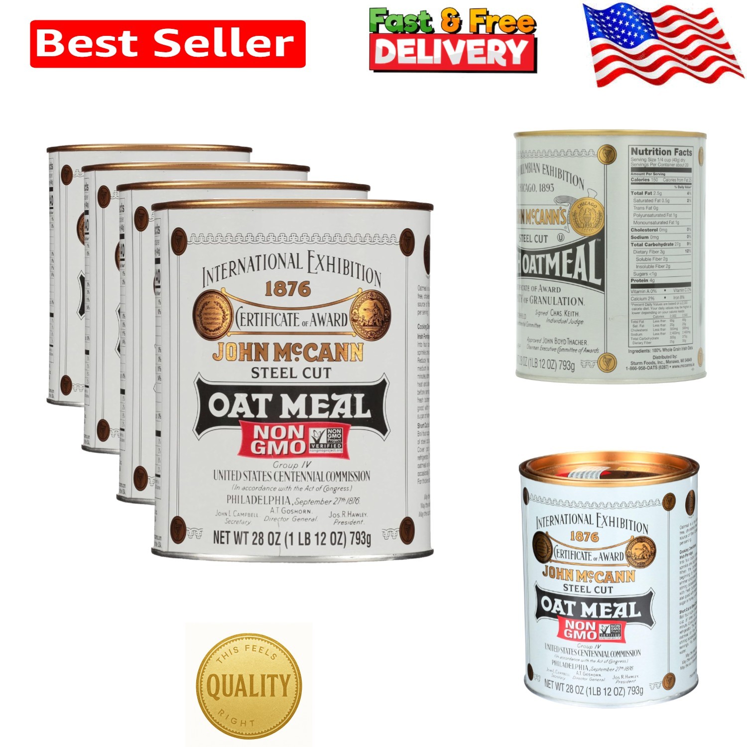 Wholesome Irish Oatmeal – 4 Pack of Traditional Steel Cut Oats, Gluten-Free