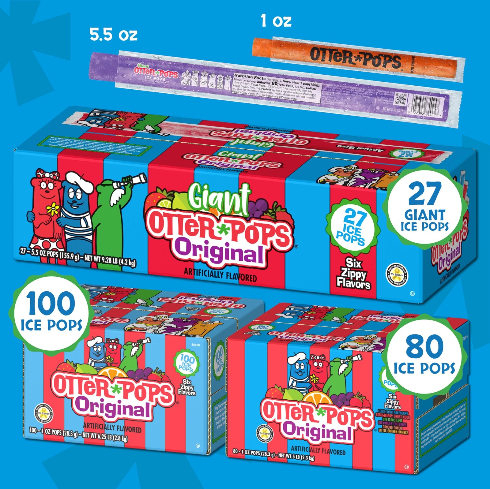 Otter Pops Classic Ice Pops 100 Count Fat Free Gluten Free Variety Pack