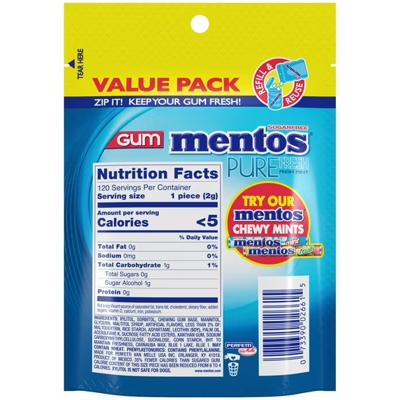 Mentos Pure Fresh Sugar Free Fresh Mint Xylitol Chewing Gum 120 Count Pack of 2