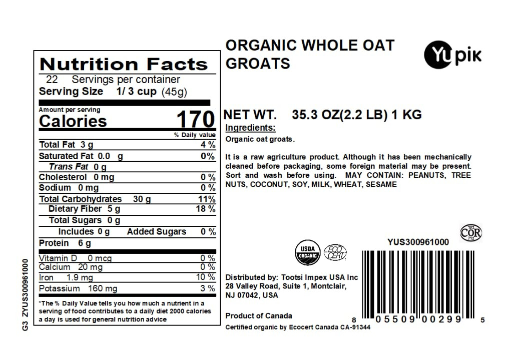 Yupik Organic Oat Groats 2.2 Lb Whole Grains Kosher High Fiber Protein