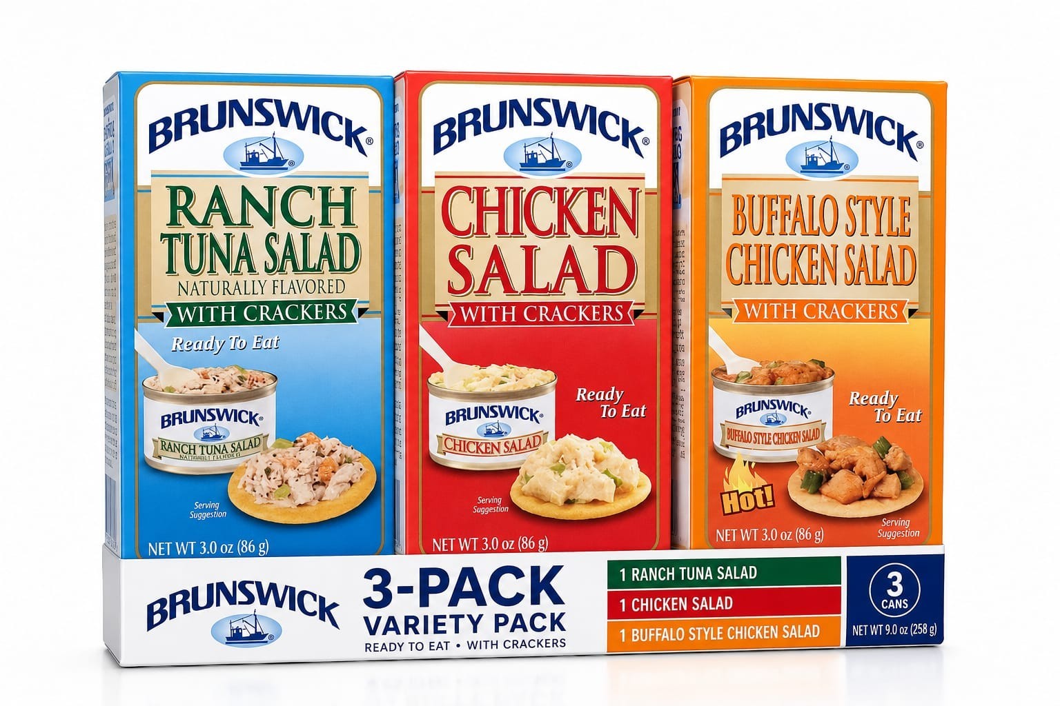 Brunswick Ready To Eat Tuna & Chicken Salad Snack Kit Variety Pack With Crackers