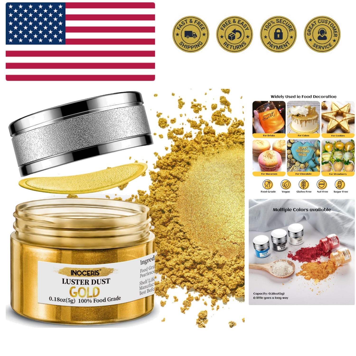 Edible Luster Dust, 5 Grams Food Grade Gold Cake Dust Shimmer Metallic Gold F…