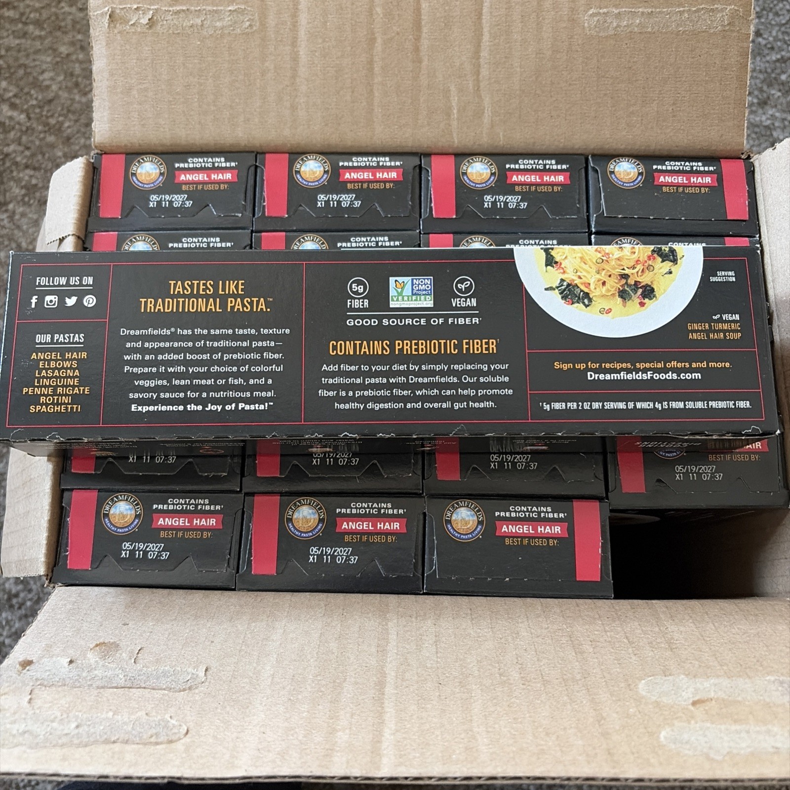 20 Boxes Dreamfields Lower Carb Angel Hair Vegan Pasta, 13.25 oz Each. Exp 05/27