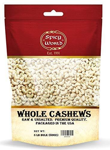 Spicy World Raw Cashews Whole 5 Pound Bulk – Unsalted, Natural & Pure, No