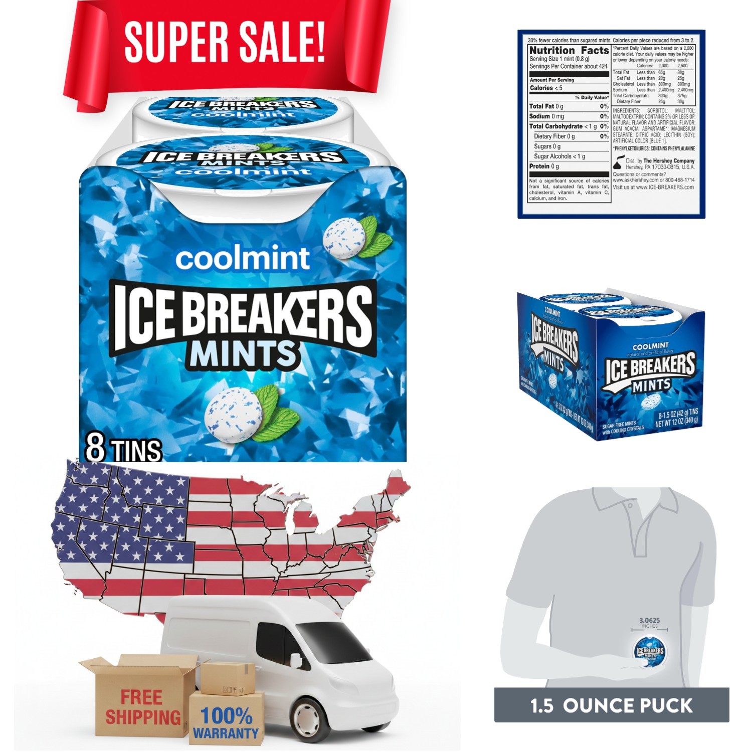 Ice Breakers Coolmint Sugar Free Mints – 8 Tins – Fresh Breath Anytime