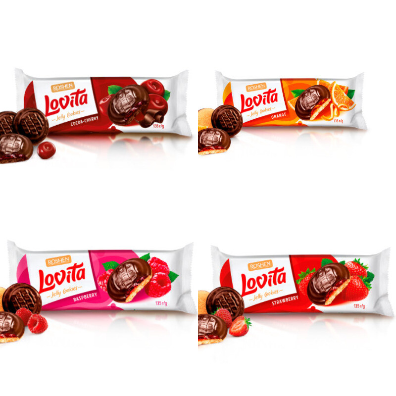 Ukrainian Sweets ROSHEN Jelly Cookies «Lovita» Cherry, Orange, Raspberry… 135g