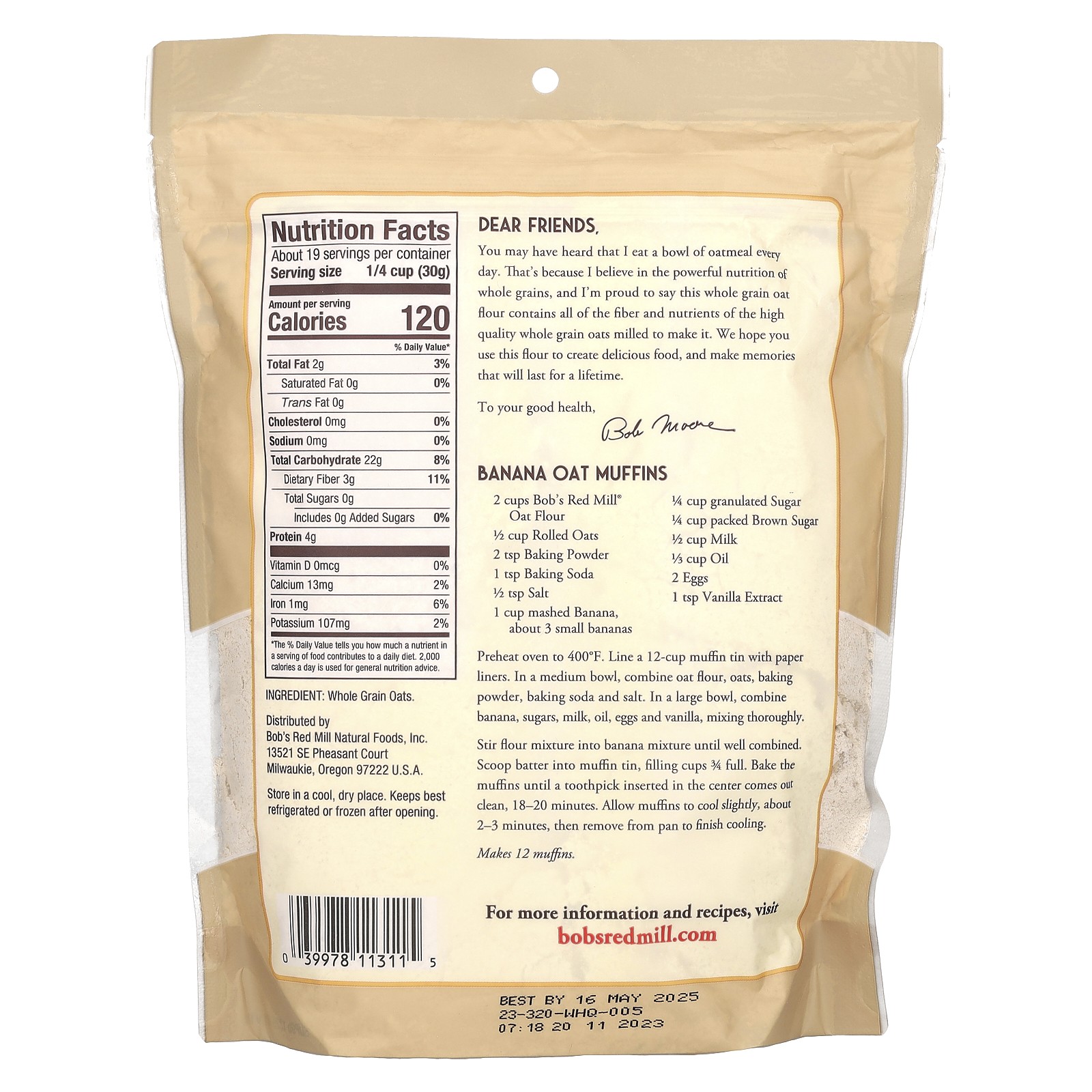 Oat Flour, Whole Grain, 20 oz (567 g)
