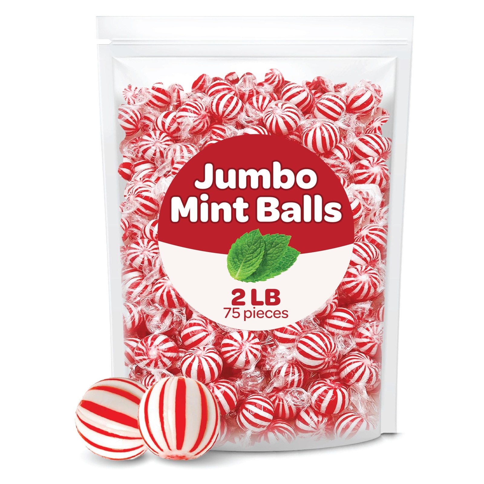 Jumbo Mint Balls – 2 lb Bulk Pack – Peppermint Hard Candy – Individually Wrapped