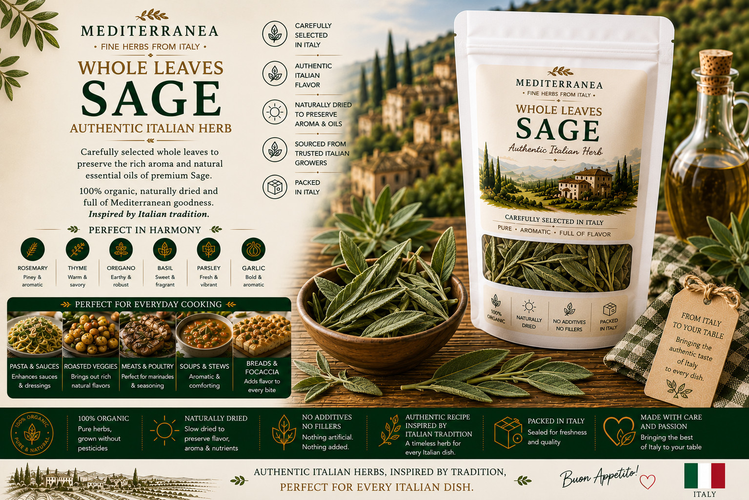 Organic Whole Sage Leaves | Premium Italian Herb | Mediterranean Roots