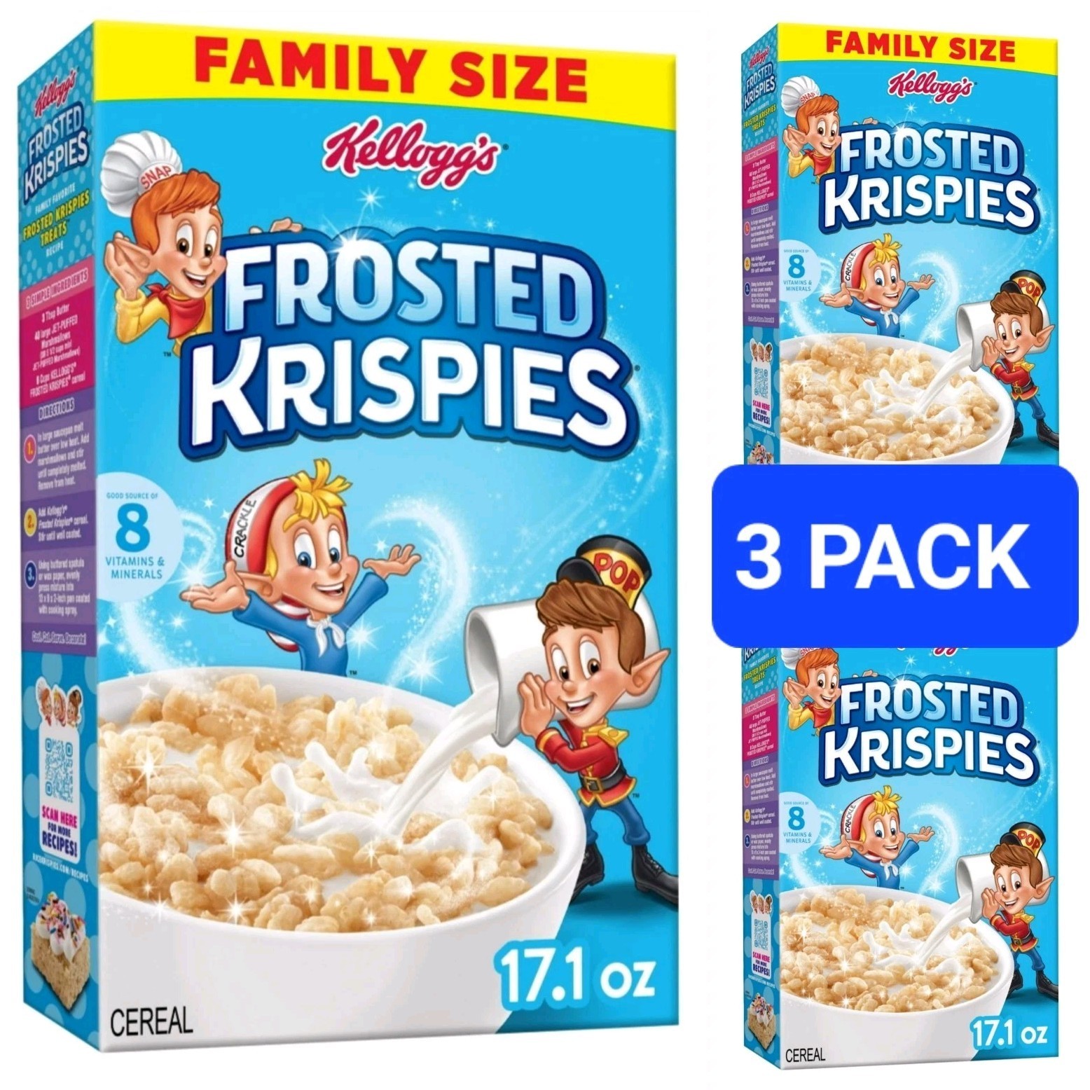 3 Pack Kellogg’s Frosted Krispies Breakfast Cereal Family Size 17.1 Oz. Ex 2/27