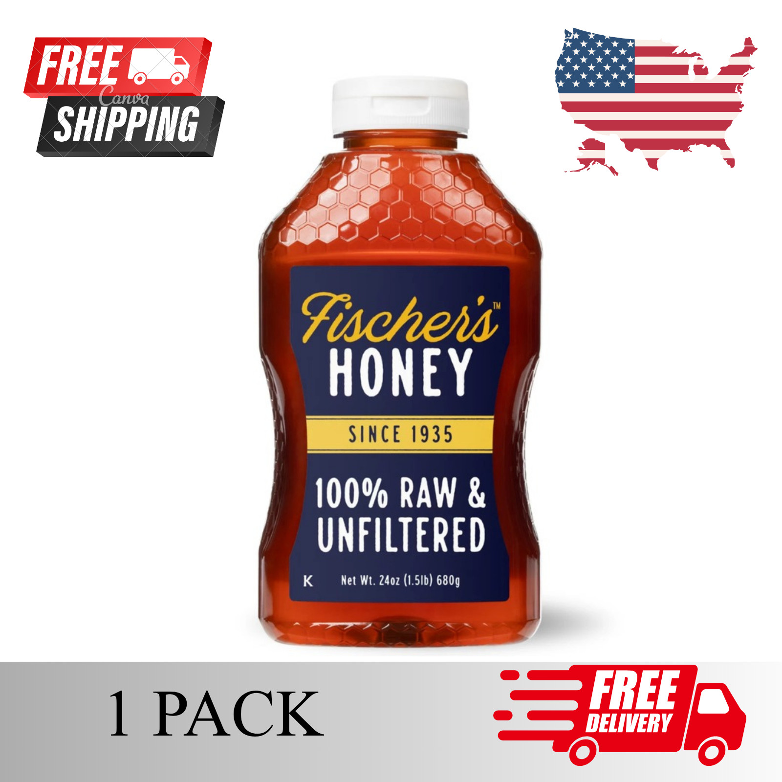 New Fischers Honey, 24oz Raw and Unfiltered, Local 100% US Grade Squeeze Bottle