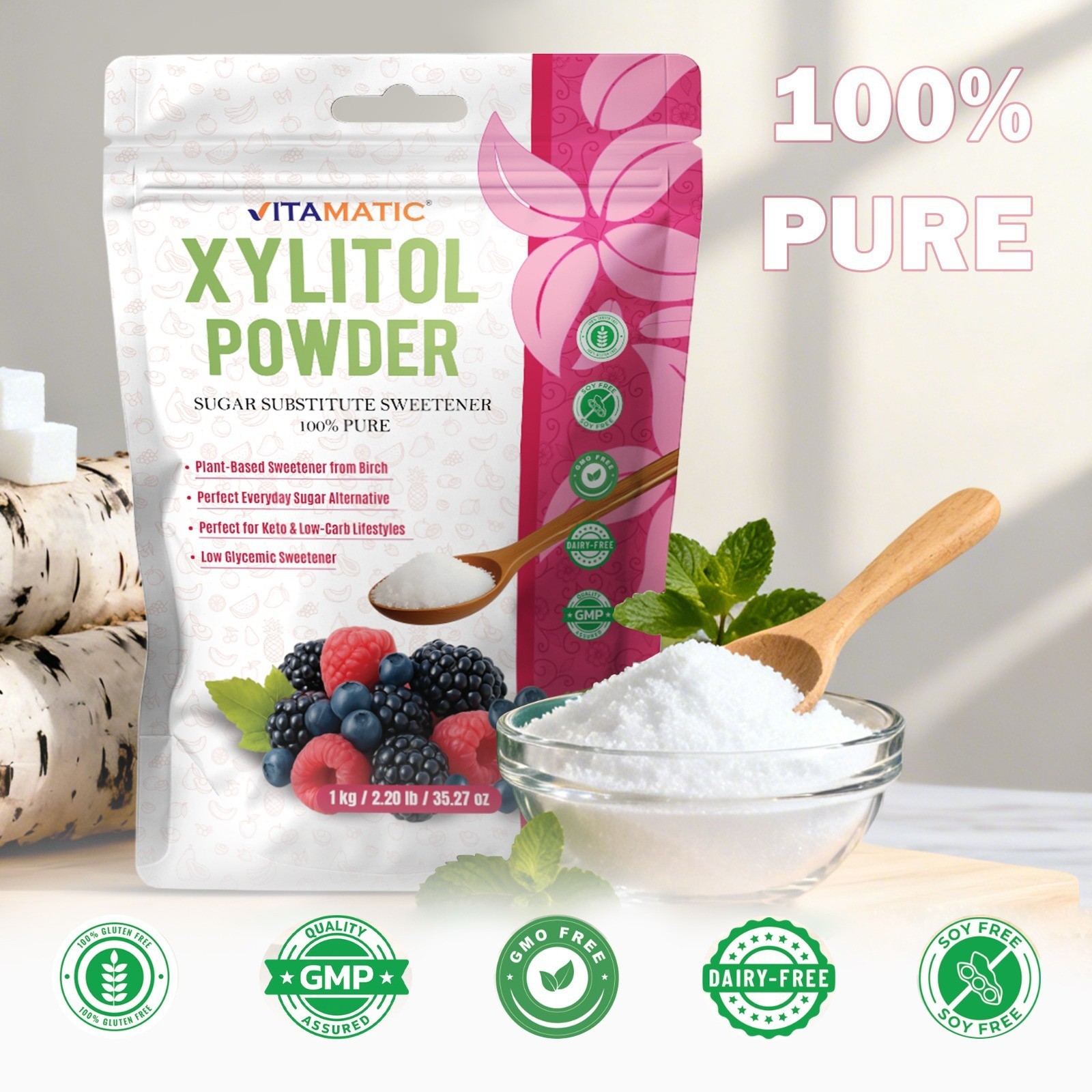 Vitamatic Xylitol Pure Powder 1 KG (2.2 lb) – 100% Pure Birch Derived Sweetener