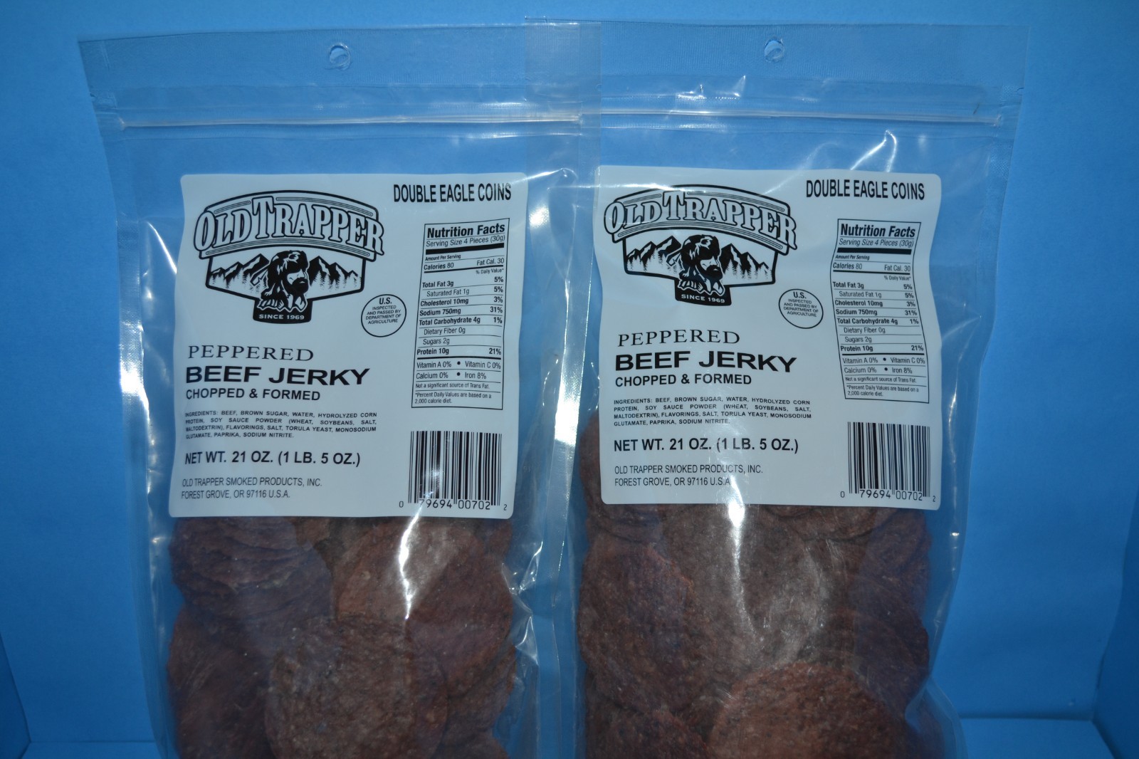 (2) Old Trapper BEEF JERKY ROUNDS Peppered, 21 oz, Double Eagle 04/2027