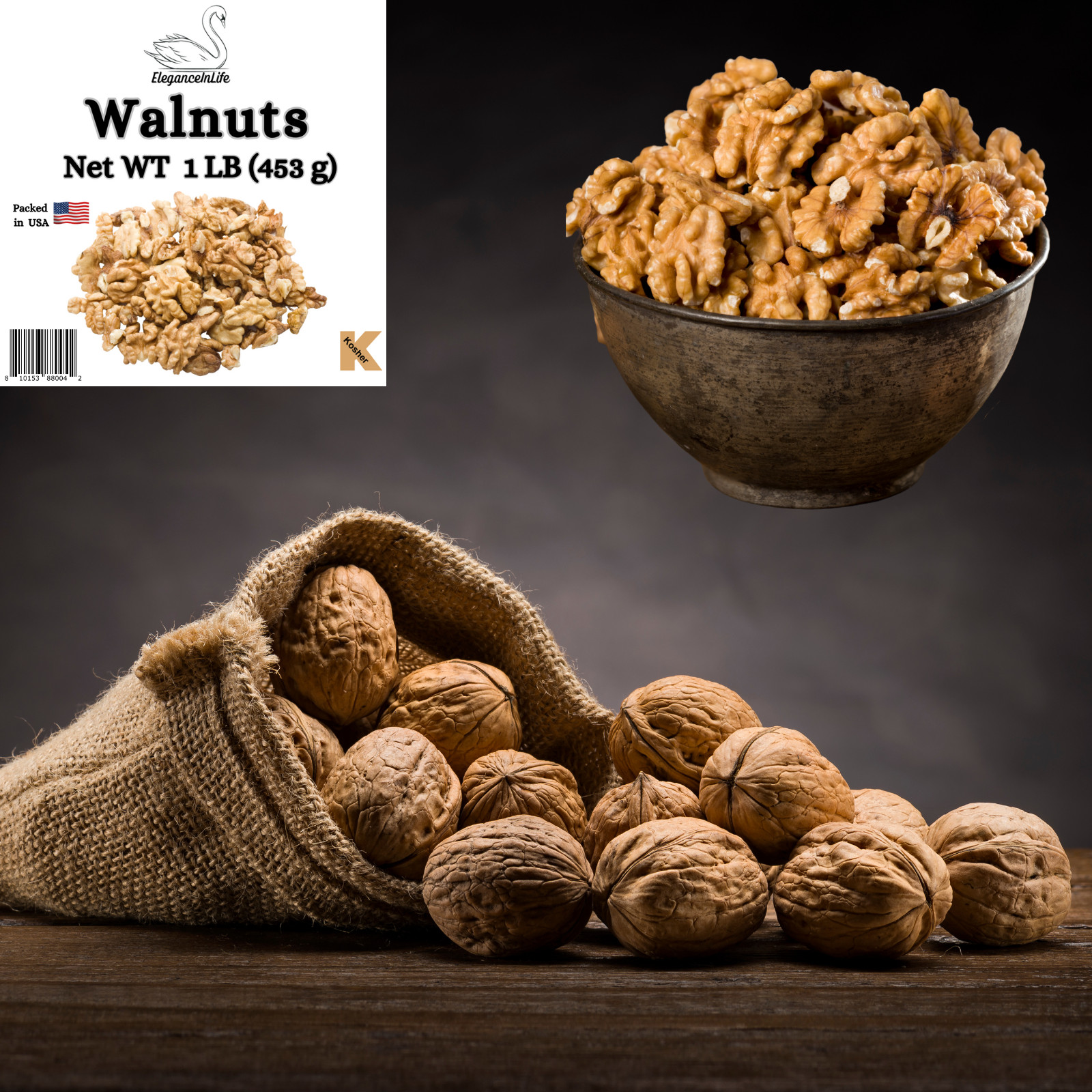 EleganceInLife Walnuts 1 LB 453g Each Fresh and Packed in USA Pack of 2