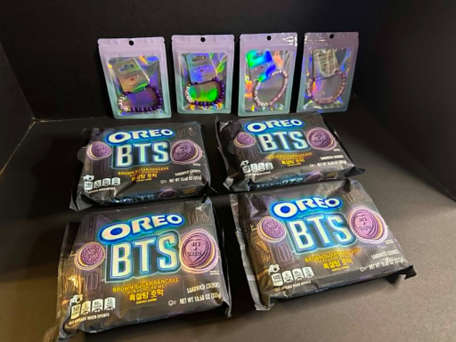 Oreo BTS LTD 4 Packages Brown Sugar Pancake Creme Cookies W/4 Custom Bracelets