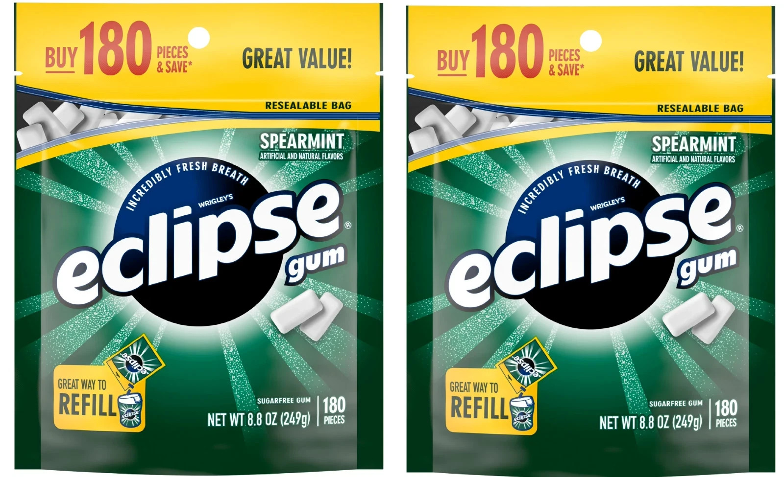 Eclipse Spearmint Sugar Free Chewing Gum, Value Pack – 180 Count Bag, (2 pack)