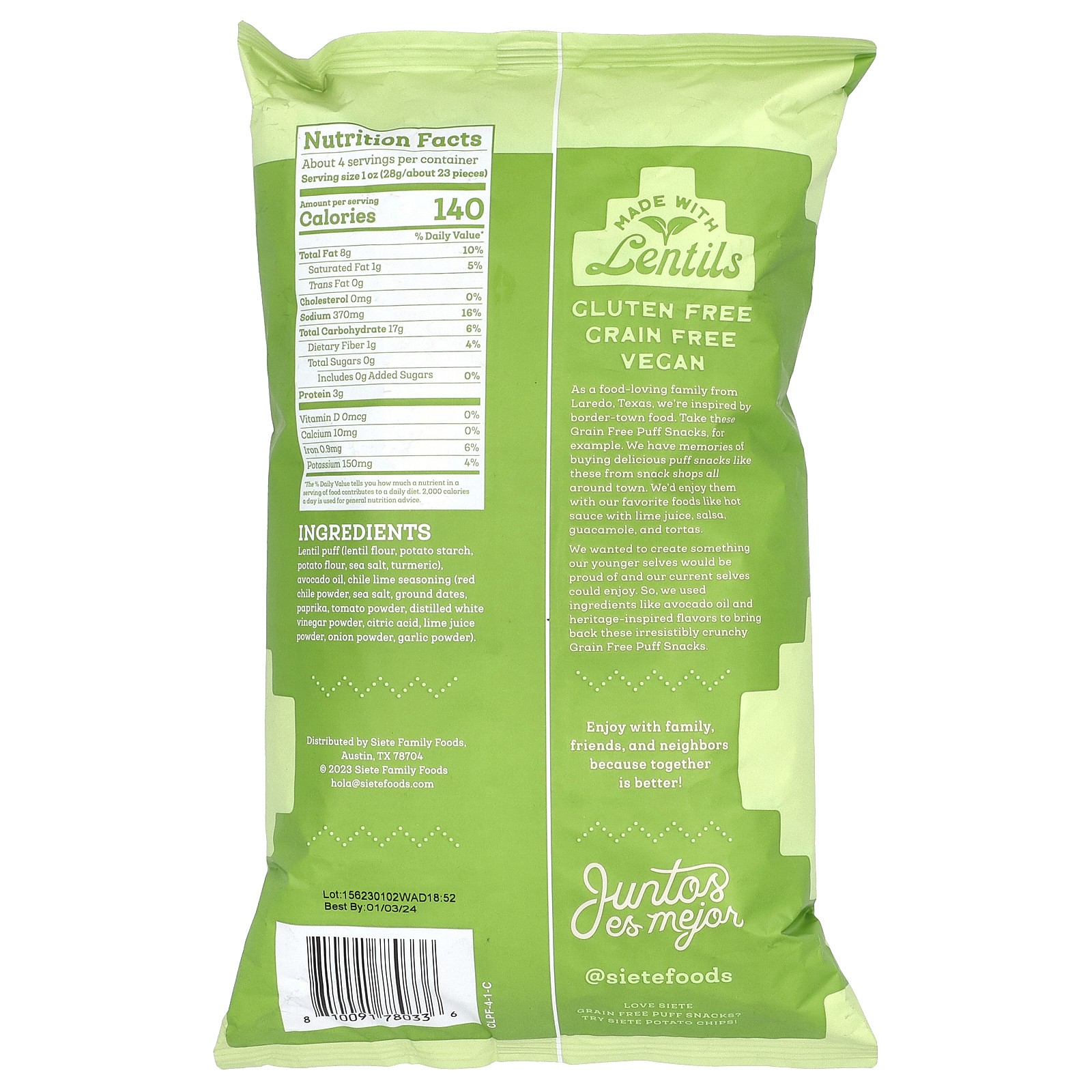 Grain Free Puff Snacks, Chile Lime, 4 oz (113 g)