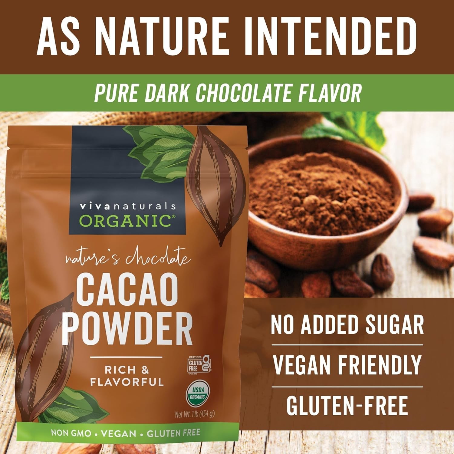 Organic Unsweetened Cacao Powder with Rich Dark Chocolate Flavor 454 g 1Lb NEW