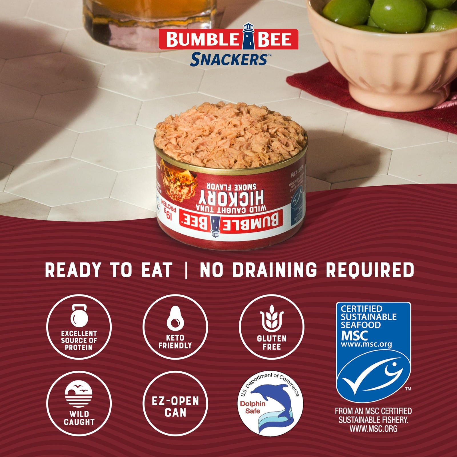 Bumble Bee Snackers Hickory Smoke Tuna, 3 oz Easy Open Can 19g Protein per …