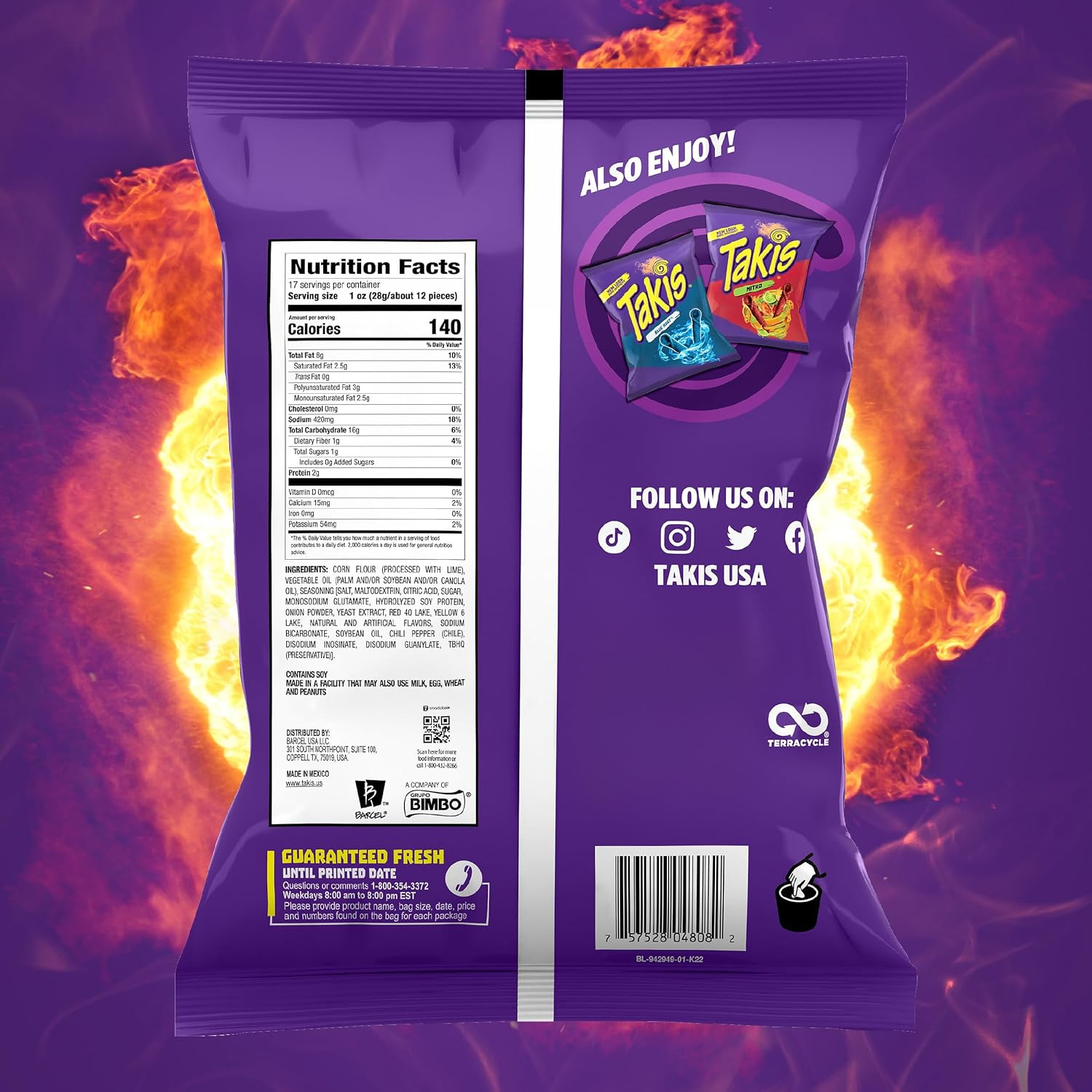 Fuego 17 Oz Fiesta Size Bag, Hot Chili Pepper & Lime Flavored Extreme Spicy Roll