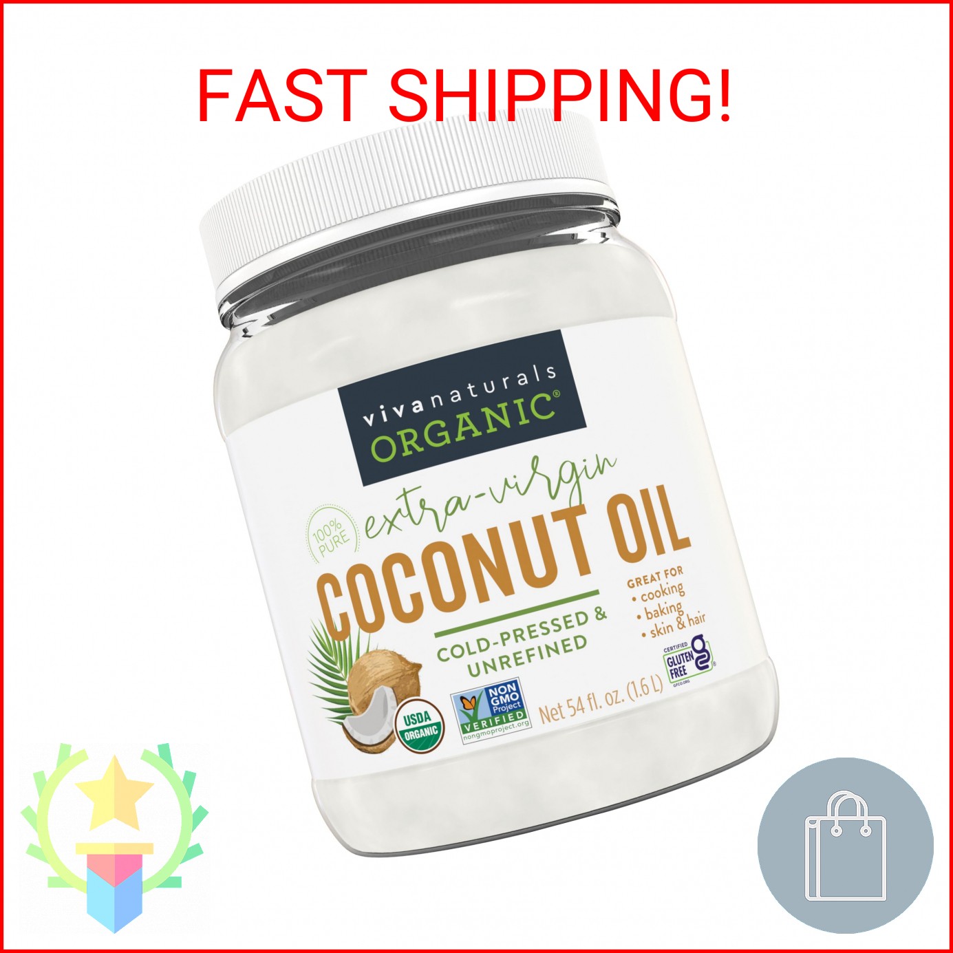 Viva Naturals Organic Coconut Oil, 54 fl oz – Unrefined, Cold-Pressed Extra Virg