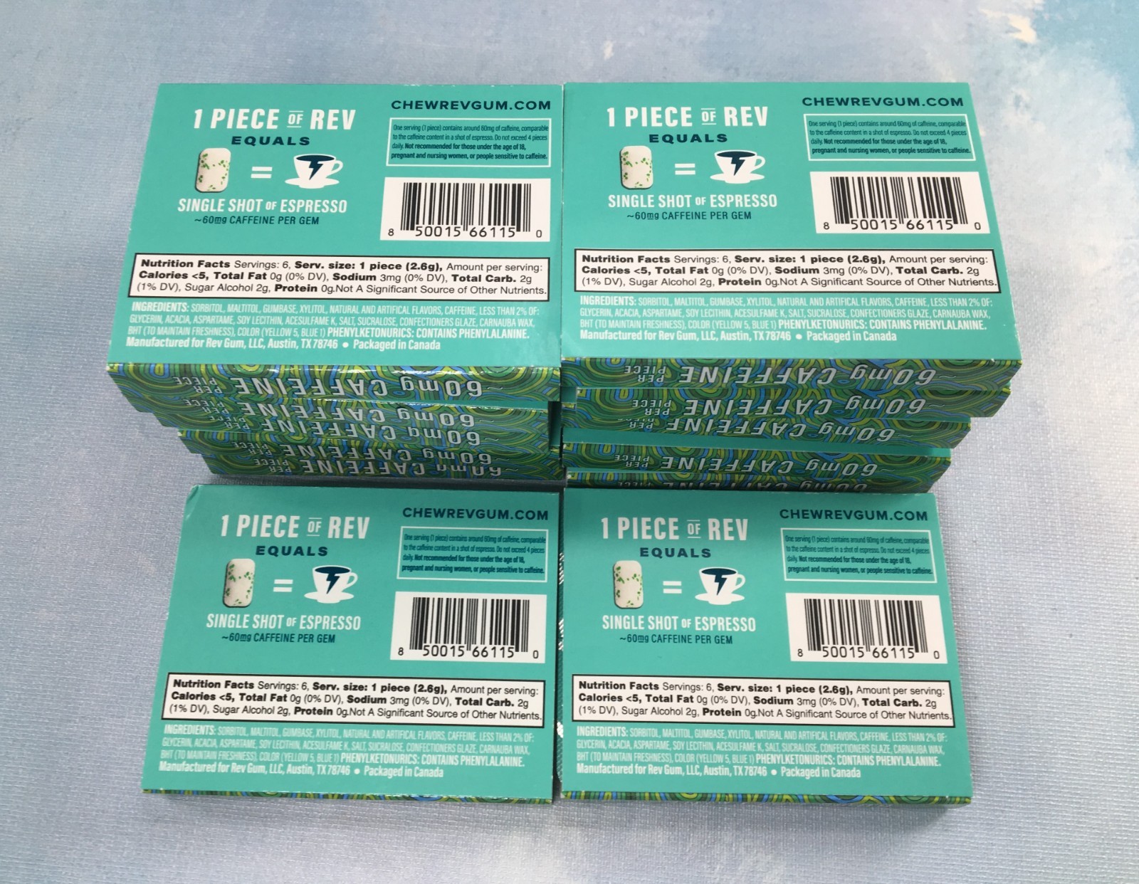 Rev Energy Gum Spearmint 12 Pack, 6 Ct. Each, BB 2/27, 60 mg Caffeine Sugar-Free