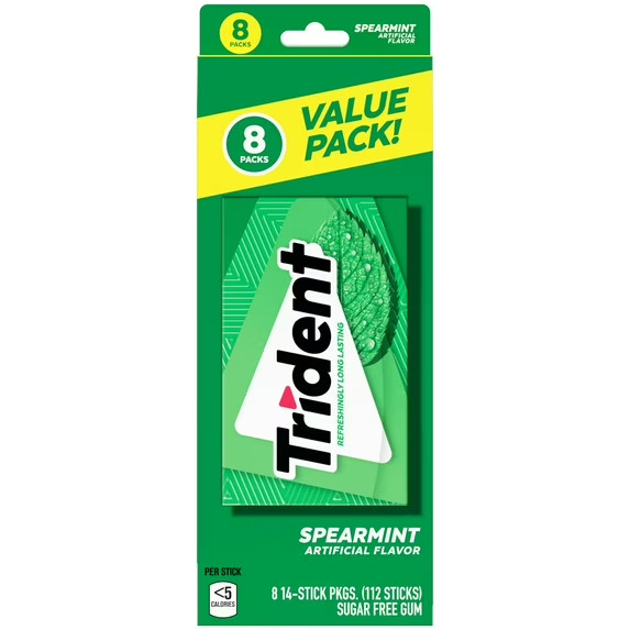 Trident Spearmint Sugar Free Gum, Value pack, 8 packs of 14 Pieces