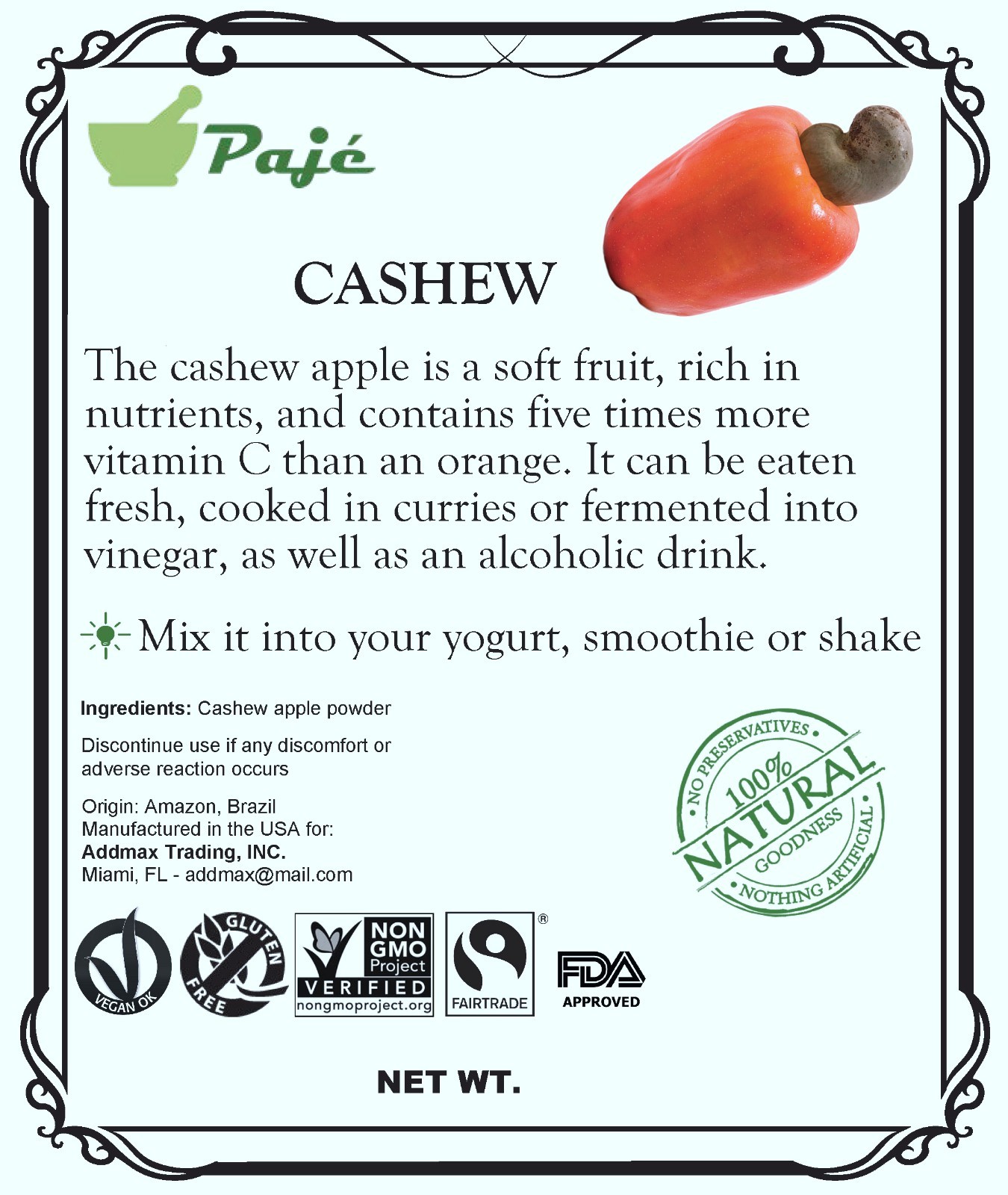 Cashew fruit powder 16oz 1lb PAJE vitC anti-bacteria aid stomach ulcer gastritis