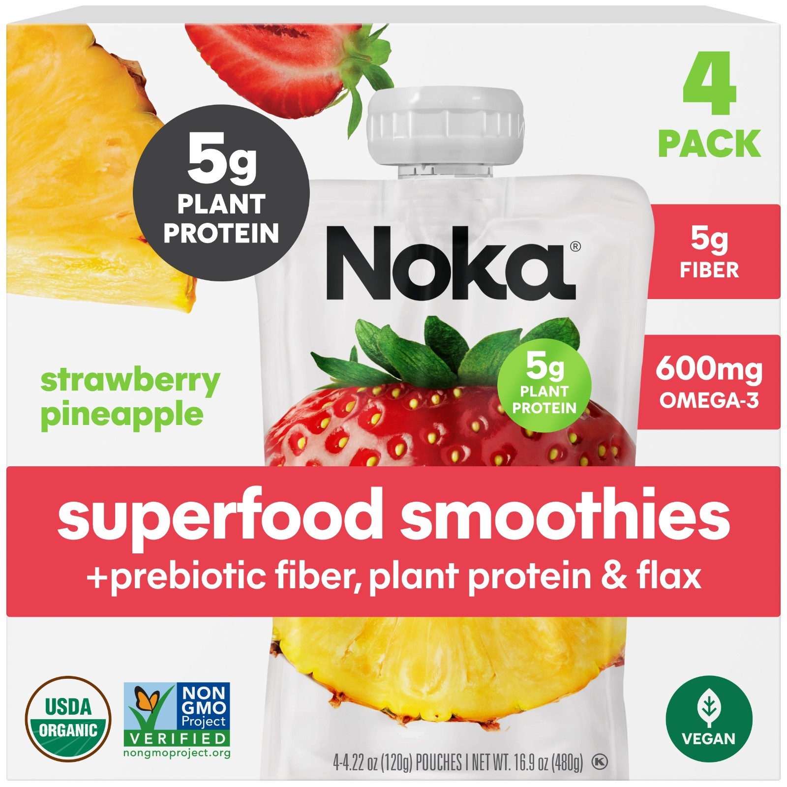 4-Pack Noka Organic Strawberry Pineapple Smoothie Pouches, 4.22oz
