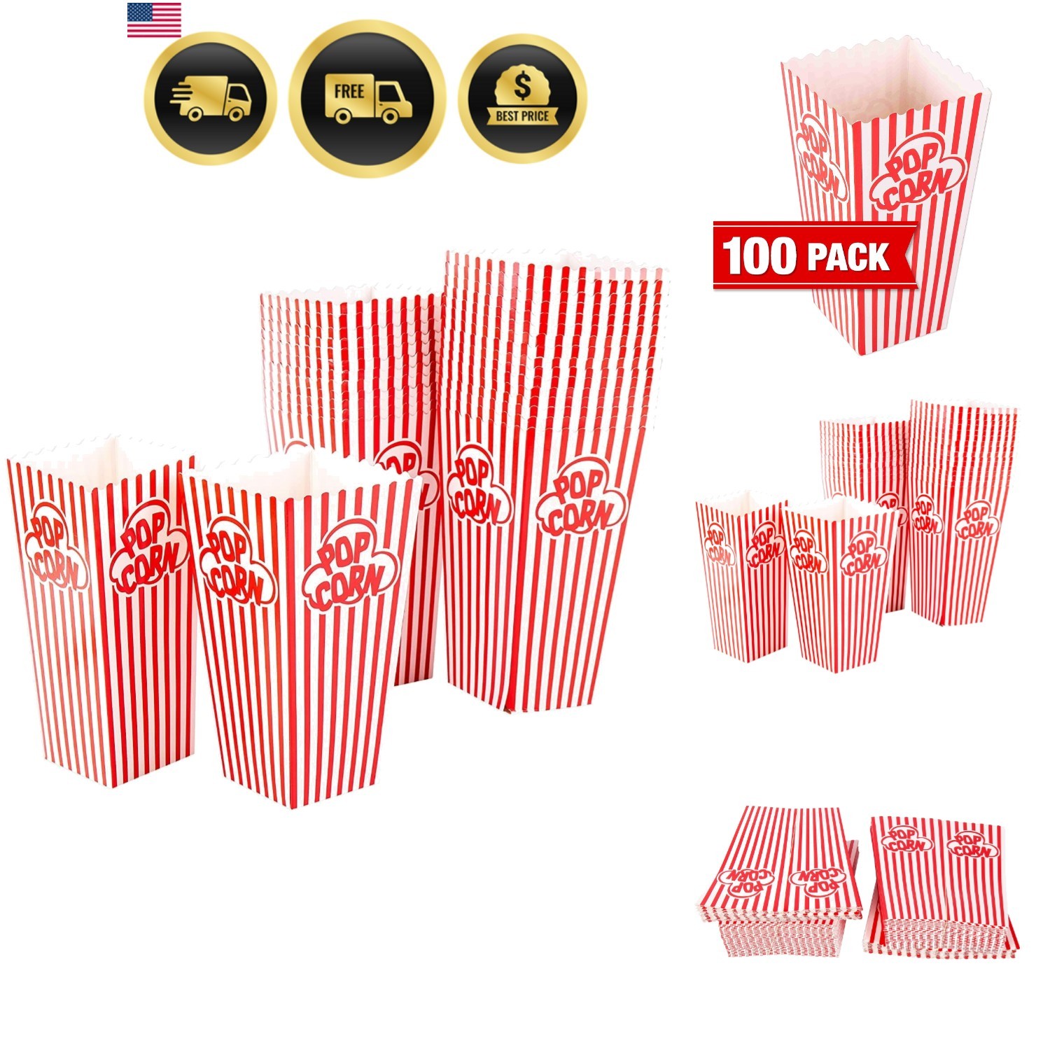 100 Classic Red & White Striped Popcorn Containers for Movie Nights – 3.6 lbs