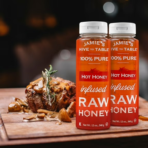 Jamie’s Hive to Table Hot Honey 12oz, Raw Honey, 100% Pure, Natural, Squeeze Bot