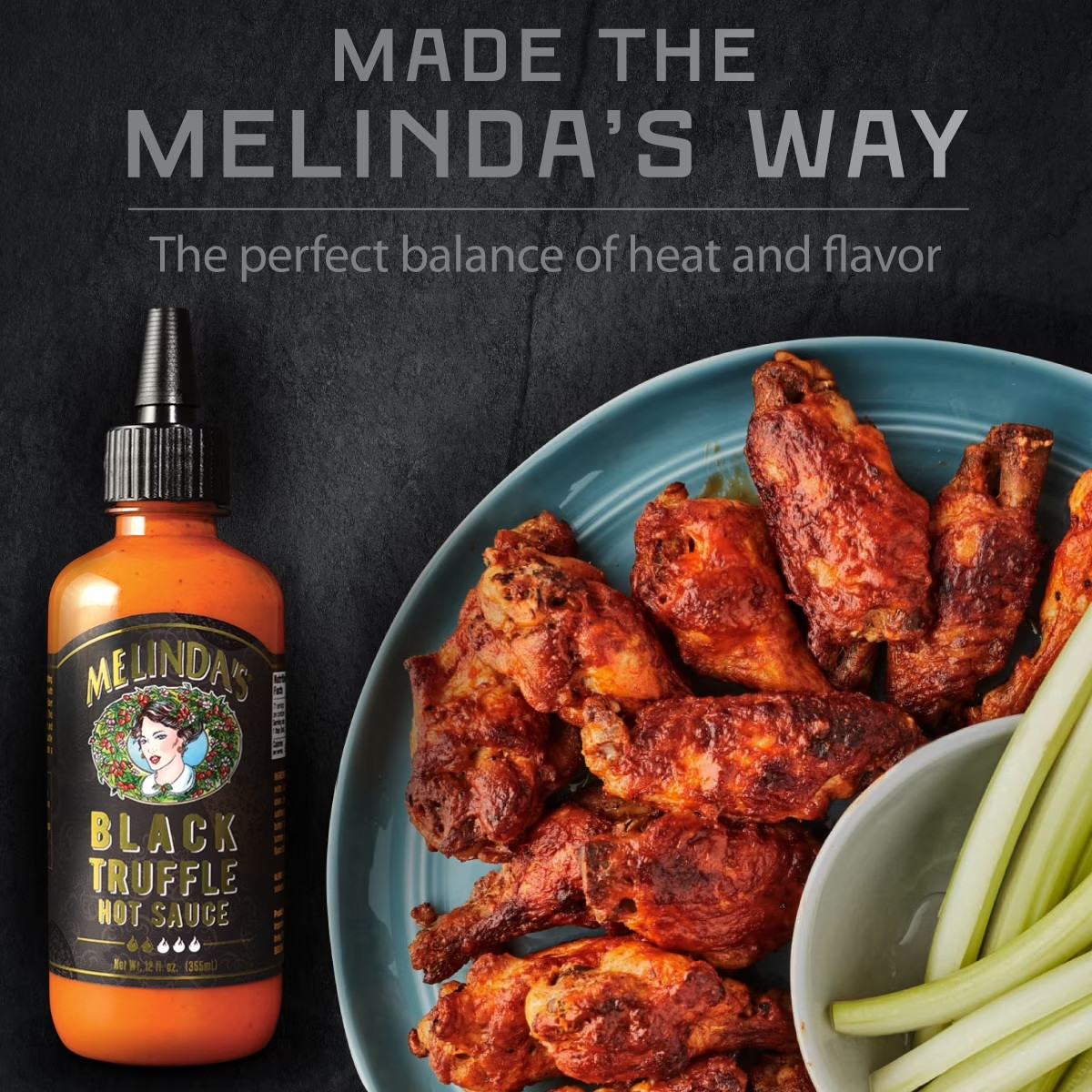 Melinda’s Black Truffle Hot Sauce, CoMelinda’s Black Trundiment and Sauce, 12 oz