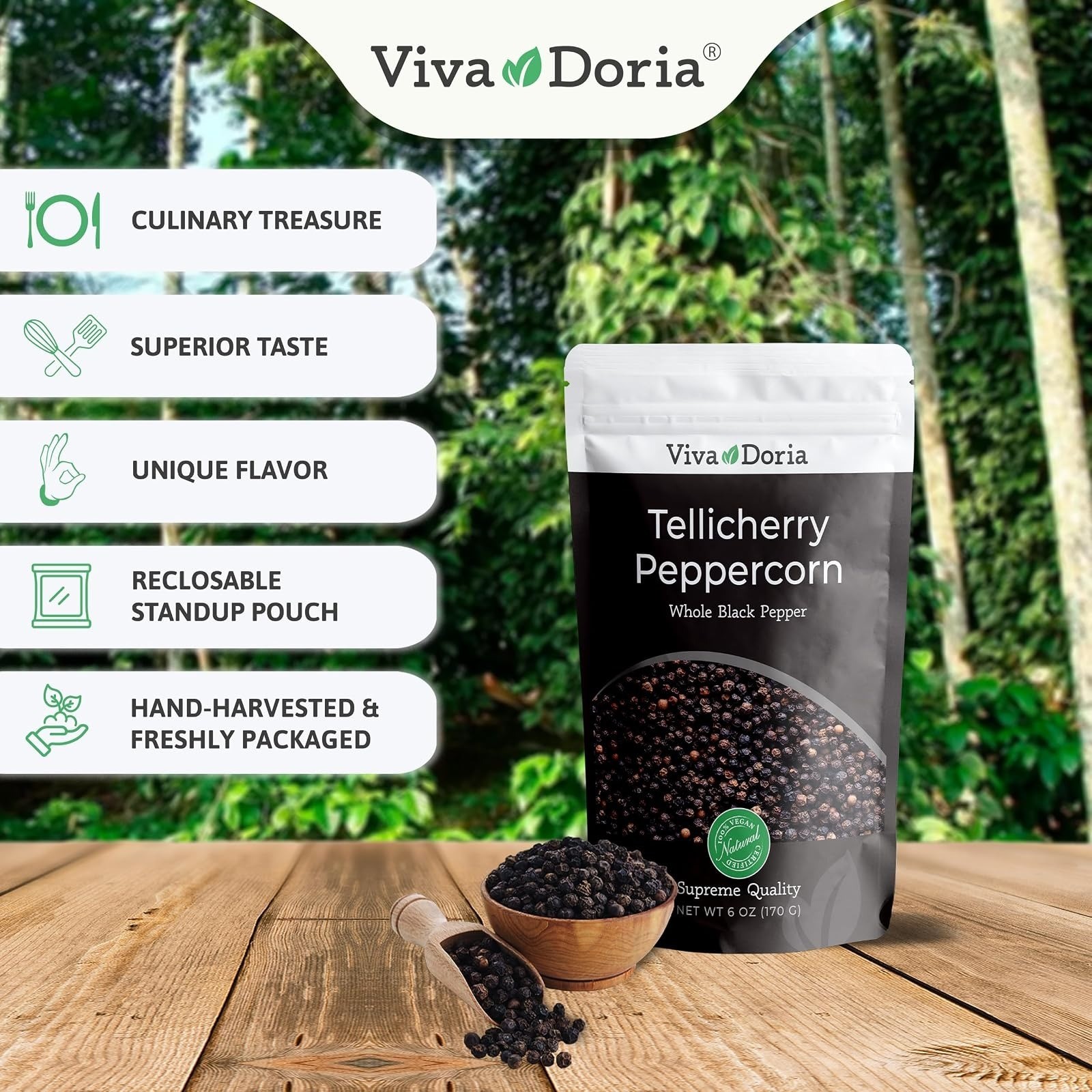 Viva Doria Tellicherry Whole Black Peppercorns, 6 Oz, Steam Sterilized