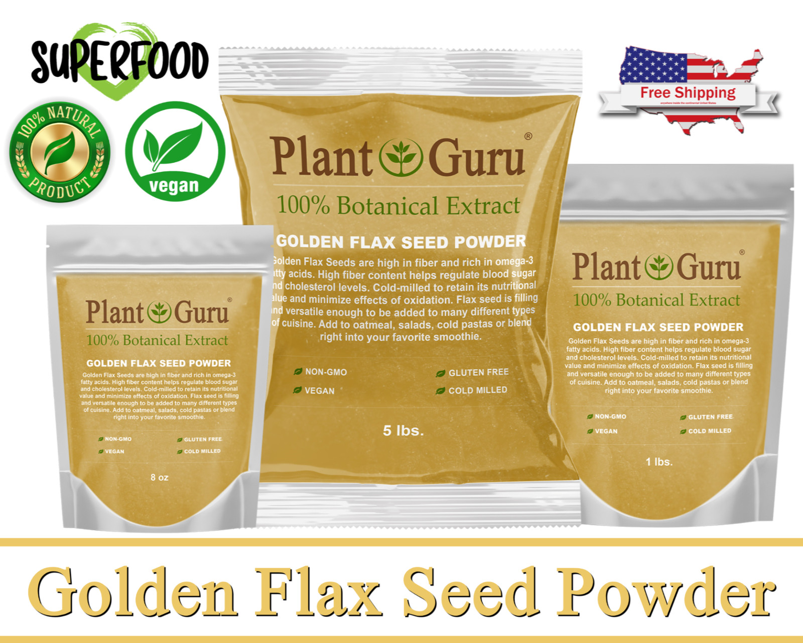 Golden Flax Seed Powder 5 lbs. Bulk Omega-3 NON GMO Pure Flaxseed Ground Meal