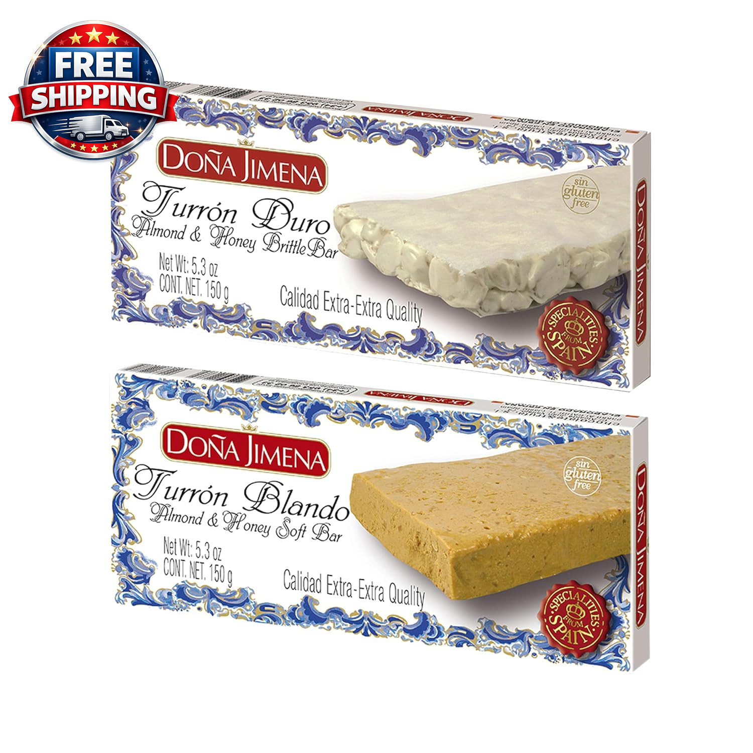 Doña Jimena Turrón Duro & Blando 5.3Oz (150G) Each – 2 Pack | Hard & Soft Almond