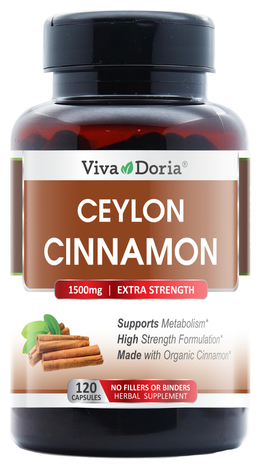 Viva Doria Organic Ceylon Cinnamon Veggie Capsules, 1500mg Per Serving, 120 ct