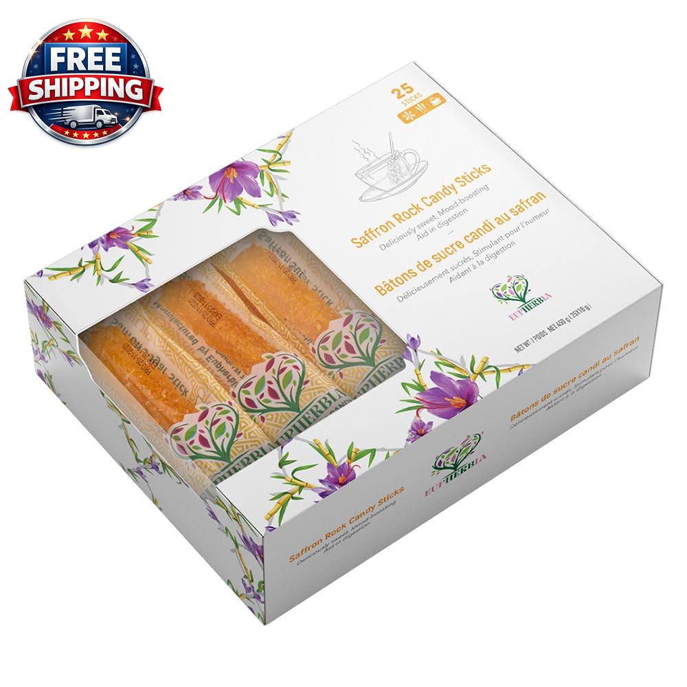 Saffron Rock Candy Sticks, 25 Pack, Pure Crystalline Elegance, Handcrafted Sweet